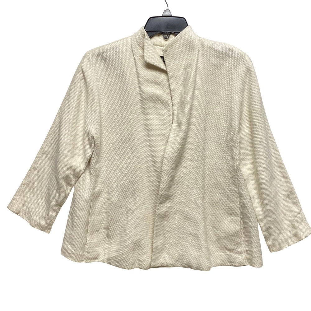 EILEEN FISHER PETITE Cream Textured Linen Cotton Open Front 3/4 Sleeve Jacket PS